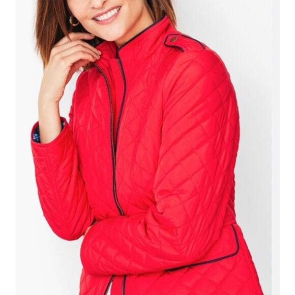 Talbots Diamond Quilted Military Jacket Red Size Medium Zipper Front - Picture 3 of 15